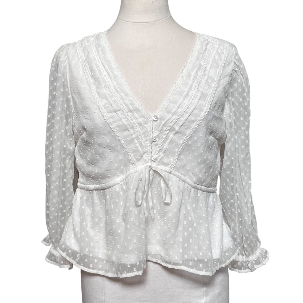 Japna White Sheer Swiss Dot Babydoll Regency Blouse Empire Tie Ruffle Boho Large